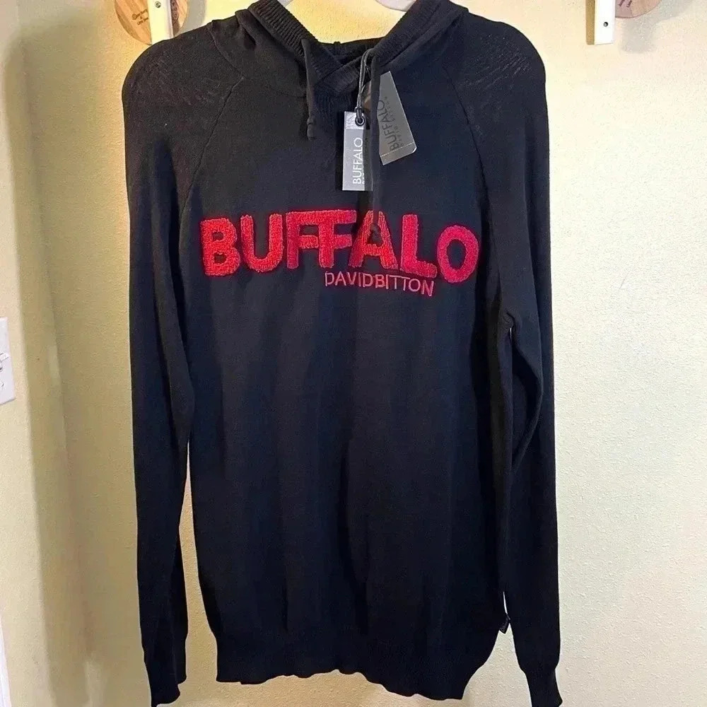 Buffalo David Bitton Knit Sweater Hooded Lightweight Black Red Lettering S NWT